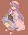 1girl book boots capelet crescent dress hair_ribbon hat highres kuroko_(piii) lips long_hair patchouli_knowledge purple_hair ribbon simple_background solo touhou violet_eyes 