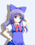  1girl alternate_hair_length alternate_hairstyle blue_background blue_eyes blue_hair blush bow cirno dress hair_bow hand_on_hip hand_on_own_head highres long_hair looking_at_viewer negishio puffy_short_sleeves puffy_sleeves ribbon shadow short_sleeves smile solo touhou 