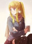  1girl black_legwear blonde_hair blue_eyes breath cup fullmetal_alchemist long_hair mug ponytail riru smile snowflakes solo sweater thigh-highs winry_rockbell 