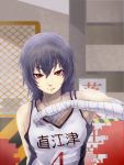  bakemonogatari bandages blue_hair highres jersey kanbaru_suruga licking_lips minamike1991 monogatari_(series) orange_eyes short_hair 