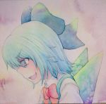  1girl :3 blue_eyes blue_hair bow cirno hair_bow highres ice ice_wings open_mouth smirk solo touhou traditional_media watercolor_(medium) wings yuyu_(00365676) 
