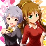  bow brown_eyes brown_hair green_eyes grey_hair hair_bow hair_ornament hairclip hino_akane_(idolmaster) idolmaster idolmaster_cinderella_girls koshimizu_sachiko long_hair polo_shirt ponytail school_uniform scrunchie short_hair yuki_shiro 