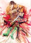  2girls blade blurry christa_renz hand_on_shoulder highres holding multiple_girls rimasogebu shingeki_no_kyojin short_hair traditional_media uniform watercolor_(medium) ymir_(shingeki_no_kyojin) 