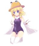  1girl adapted_costume alternate_costume blonde_hair blue_eyes caibao detached_sleeves highres looking_at_viewer moriya_suwako short_hair simple_background solo swimsuit thigh-highs touhou white_background white_legwear wide_sleeves 