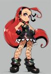  +_+ 1girl black_dress black_gloves boots choker cross_earrings dress earrings fishnet_pantyhose fishnets frills gloves hairband hands_on_hips highres jewelry long_hair maniacpaint minidress original pantyhose red_eyes redhead simple_background smile solo very_long_hair 