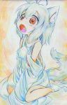  1girl absurdres ahoge animal_ears bare_shoulders colored_pencil_(medium) detached_sleeves highres inubashiri_momiji kitazinger no_hat no_headwear open_mouth red_eyes silver_hair sitting socks solo tail touhou traditional_media wariza white_legwear wide-eyed wide_sleeves wolf_ears wolf_tail young 