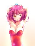  1girl armpits arms_up breasts brown_eyes collarbone highres leotard pink_hair quinty quinty_(character) short_hair smile solo white_background wink x.x 