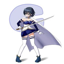  1girl black_hair cape cosplay glasses gloves hair_between_eyes hakamichi_shizune katawa_shoujo magical_girl mahou_shoujo_madoka_magica miki_sayaka miki_sayaka_(cosplay) short_hair solo sword thighhighs weapon 