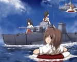  3girls animal_ears black_eyes black_hair brown_eyes brown_hair dog_ears highres hu_sea long_hair looking_at_viewer looking_back military military_vehicle multiple_girls ocean original smile tank uniform vehicle water 