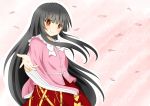  1girl bamboo black_hair blouse cherry_blossoms hime_cut houraisan_kaguya itsuse_(asahi-kazuka) long_hair looking_at_viewer open_hand outline payot pink_background skirt smile solo touhou very_long_hair wind yellow_eyes 