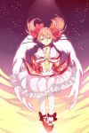  1girl choker closed_eyes dress gloves hair_ribbon highres kaname_madoka magical_girl mahou_shoujo_madoka_magica pink_hair ribbon shimotsuki_(ichiruki) short_twintails smile solo twintails white_legwear wings 