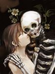  1girl bone brown_hair closed_eyes flower komota original short_hair skeleton skull 