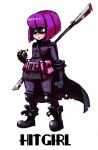  1girl alex_ahad_(style) belt belt_pouch black_gloves bob_cut boots cape character_name double-blade explosive gloves green_eyes grenade hit-girl kick-ass knee_pads mask parody plaid plaid_skirt polearm purple_hair sarikyou short_hair skirt skullgirls solo style_parody superhero weapon wig 