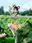  1girl bare_shoulders black_hair breasts brown_eyes clouds detached_sleeves dress flower green_legwear hair_flower hair_ornament hair_rings hair_tubes kneehighs leaf leg_lift mountain payot shoes sky smile socks solo soulcalibur soulcalibur_v standing_on_one_leg strapless strapless_dress sword tree weapon yan_leixia zhangdiwaa 