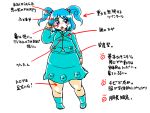  1girl arrow blue_eyes blue_hair boots hair_bobbles hair_ornament kawashiro_nitori key nazotyu no_nose open_mouth plump pocket skirt solo touhou translation_request 