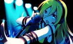  1girl blonde_hair blue_eyes bracelet fujishiro_emyu headphones jewelry lily_(vocaloid) long_hair microphone_stand open_mouth solo tattoo vocaloid 