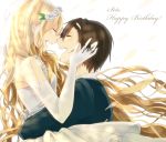  1boy 1girl bare_shoulders blonde_hair bridal_veil bride brown_hair carrying closed_eyes couple dress elbow_gloves flower gloves gown hair_ornament hairband hand_on_another&#039;s_cheek hand_on_another&#039;s_face happy happy_birthday hetero hug kagerou_project long_hair mary_(kagerou_project) rara_(pql-amz) seto_(kagerou_project) short_hair smile souzou_forest_(vocaloid) tears veil wedding wedding_dress 