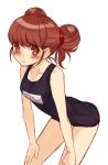  1girl blush brown_eyes brown_hair double_bun fate/extra fate_(series) female_protagonist_(fate/extra) hair_ornament hands_on_knees leaning_forward one-piece_swimsuit rough school_swimsuit shiori_(1095951) short_hair simple_background solo swimsuit white_background 
