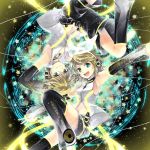  1boy 1girl aqua_eyes arm_warmers armpits bad_id bad_pixiv_id blonde_hair brother_and_sister detached_sleeves hair_ornament hair_ribbon hairclip hana_(mew) headphones highres kagamine_len kagamine_len_(append) kagamine_rin kagamine_rin_(append) leg_warmers navel open_mouth outstretched_arms ribbon short_hair shorts siblings smile spread_arms thigh-highs twins vocaloid vocaloid_append 
