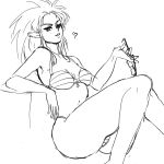  1girl bikini breasts glasses glasses_removed long_hair monochrome navel pea-2 ryouko_(tenchi_muyou!) sitting sketch solo spiky_hair striped striped_bikini striped_swimsuit swimsuit tenchi_muyou! thighs 