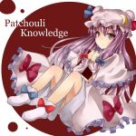  1girl ankle_boots book_hug bow capelet character_name crescent dress frills hair_bow hat hat_ribbon knees_up long_hair looking_at_viewer mob_cap nono_(hikaruhosi27) patchouli_knowledge payot purple_hair red_background ribbon robe sitting solo touhou violet_eyes white_background 