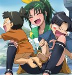  &gt;_&lt; 1girl 2boys ^_^ barefoot black_hair blush closed_eyes green_hair haruyama japanese_clothes laughnig midorikawa_nao multiple_boys open_mouth ponytail precure smile_precure! tears 
