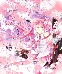  1girl detached_sleeves flower hair_flower hair_ornament hatsune_miku headset highres in_tree long_hair necktie petals pink_eyes pink_hair sakura_miku sitting sitting_in_tree skirt solo thigh-highs tree twintails very_long_hair vocaloid 