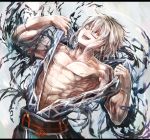  1boy abs belt glasses highres kusakanmuri letterboxed looking_at_viewer mannosuke morichika_rinnosuke muscle open_mouth silver_hair solo tearing_clothes torn_clothes touhou yellow_eyes 