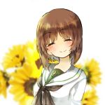  1girl agase blurry blush brown_hair closed_eyes depth_of_field flower girls_und_panzer nishizumi_miho short_hair smile solo sunflower 
