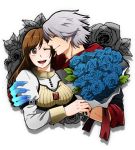  1boy 1girl blue_rose breasts brown_eyes brown_hair character_request closed_eyes couple devil_may_cry devil_may_cry_4 flower leaf mackerel_(artist) nero_(devil_may_cry) rose silver_hair wink 