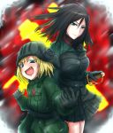  2girls blonde_hair blush fang girls_und_panzer gloves highres katyusha long_hair military military_uniform multiple_girls nonna saber_(weapon) short_hair snow sword the_nekoma uniform weapon 