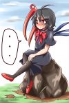  ... 1girl ahoge asymmetrical_wings black_hair blue_sky blush bow clouds crying dress frown grass hand_on_knee houjuu_nue leg_up looking_away pantyhose red_eyes rock short_hair sitting sky solo speech_bubble streaming_tears tears touhou udongein wings 