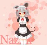  1girl 5240mosu alternate_costume animal_ears apron arms_behind_back blush bow character_name enmaided grey_hair hair_bow highres looking_at_viewer maid maid_headdress mouse_ears mouse_tail nazrin pink_background polka_dot polka_dot_background puffy_short_sleeves puffy_sleeves red_eyes short_hair short_sleeves solo tail thighhhighs touhou waist_apron 