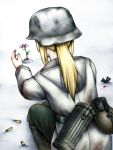  1girl blonde_hair blood bloody_clothes bloody_hands cartridge flower helmet hood iron_cross military military_uniform parka ponytail snow solo uniform war winter winter_clothes world_war_ii yua 