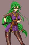  1girl blue_eyes bodysuit ganbare_goemon gloves green_hair japanese_clothes knife long_hair marubonman ninja open_mouth simple_background skin_tight solo very_long_hair weapon yae 