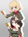  2girls blonde_hair blue_eyes brown_hair cake carrying dango food girls_und_panzer highres kairakuen_umenoka katyusha military military_uniform military_vehicle multiple_girls nonna short_hair tank uniform vehicle wagashi 