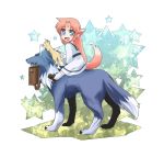  :d alternate_costume animal_ears arf backpack bag blue_eyes claws ebi_no_hito facial_mark fang fangs ferret forehead_mark long_hair lyrical_nanoha mahou_shoujo_lyrical_nanoha_strikers mouth_hold open_mouth orange_hair red_eyes riding school_uniform smile socks star tail wolf yuuno_scrya zafira 