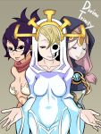  3girls aeon_(skullgirls) black_hair blonde_hair breasts closed_eyes eito family glasses goddess hood hourglass long_hair mother_(skullgirls) mother_and_daughter multiple_girls pink_hair scarf siblings sisters skull skullgirls venus_(skullgirls) 