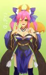  1girl animal_ears aoimio blue_legwear bow breasts caster_(fate/extra) detached_sleeves fang fate/extra fate_(series) fox_ears fox_tail hair_bow hair_ribbon japanese_clothes pink_hair ribbon solo tail thigh-highs twintails wink yellow_eyes 