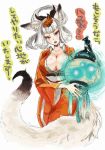  1girl acm animal_ears breasts cleavage fox_ears fox_tail glowing hair_up highres japanese_clothes kimono kongiku lantern large_breasts leaf leaf_on_head light_particles oboro_muramasa ponytail silver_hair solo tail tsurime 