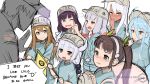  1boy 6+girls angry backpack bag black_eyes blue_eyes blue_hair blue_shirt blush brown_eyes brown_hair brown_hat character_request cheek_pinching chloe_von_einzbern commentary commentary_request embarrassed fate/kaleid_liner_prisma_illya fate/stay_night fate_(series) flag hachikuji_mayoi hair_ornament hair_ribbon hat hataraku_saibou highres kanna_kamui kobayashi-san_chi_no_maidragon looking_at_another monogatari_(series) multiple_girls one_eye_closed open_mouth paavuchi pinching platelet_(hataraku_saibou) purple_hair ribbon shirt silver_hair simple_background smile smirk tan translated u-1146 white_background white_hair yellow_eyes yellow_ribbon 