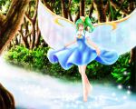  1girl barefoot blush bow daiyousei dress fairy_wings forest green_hair hair_bow looking_at_viewer nature payot satoji_(ochanomkmskry) short_hair short_sleeves side_ponytail skirt_hold smile solo sparkle stream tiptoes touhou walking_on_water wings yellow_eyes 