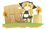  1girl apron bare_legs blonde_hair bow braid creature creeper crossover hair_bow hat house kirisame_marisa light_smile long_hair minecraft pickaxe single_braid skirt standing torch touhou transparent_background ume_(noraneko) witch witch_hat yellow_eyes 