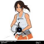  1girl aperture_laboratories aperture_science_handheld_portal_device autumn-north bare_shoulders blue_eyes brown_hair chell clothes_around_waist jumpsuit long_hair ponytail portal portal_2 solo tank_top 
