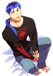  1boy barefoot blue_hair casual command_spell earrings fate/stay_night fate_(series) jewelry lancer long_hair ponytail red_eyes sexy44 solo sweater 