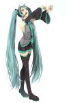  1girl aqua_eyes aqua_hair arms_up boots detached_sleeves hatsune_miku headset highres long_hair looking_up necktie open_mouth skirt sofy solo thigh-highs thigh_boots twintails very_long_hair vocaloid 