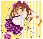  :p arm_warmers artist_request bangs blouse bow brown_hair cellphone character_name checkered checkered_skirt ear hair_bow hat highres himekaidou_hatate long_hair musical_note necktie phone skirt spoken_musical_note striped striped_legwear tokin_hat touhou violet_eyes 