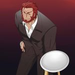  a0912011 beard facial_hair fate/zero fate_(series) formal gradient gradient_background necktie red_eyes redhead rider_(fate/zero) solo suit 