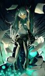  1girl boots detached_sleeves ghostas green_eyes green_hair hatsune_miku highres long_hair paper sitting skirt solo thigh-highs thigh_boots twintails very_long_hair vocaloid 