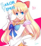  1girl aino_minako bishoujo_senshi_sailor_moon blonde_hair blue_eyes bow character_name choker earrings elbow_gloves gloves hair_bow half_updo hand_on_hip heart i-ron jewelry long_hair looking_at_viewer magical_girl sailor_venus solo super_sailor_venus tiara 